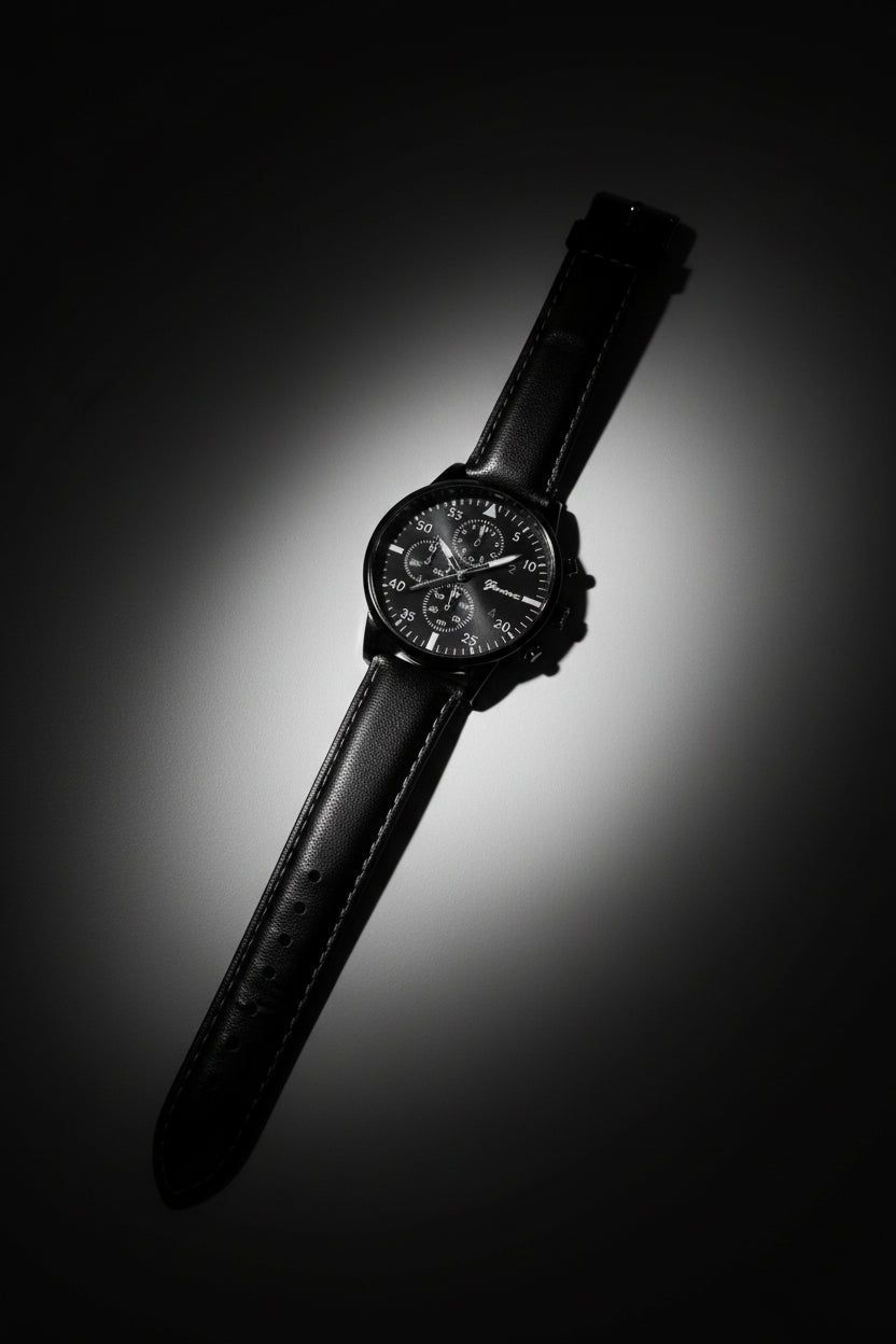 Chrono Noir Pilot Watch – Stealth Black Leather Strap