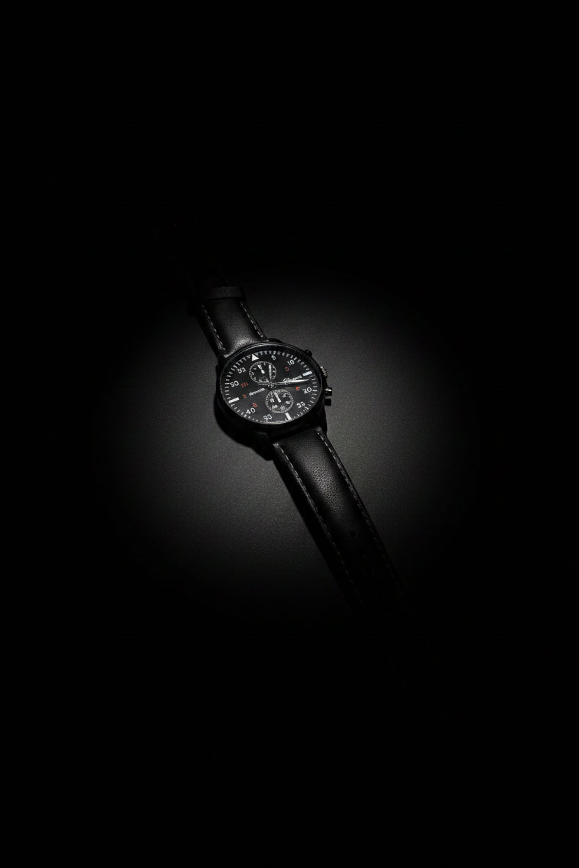 Chrono Noir Pilot Watch – Stealth Black Leather Strap