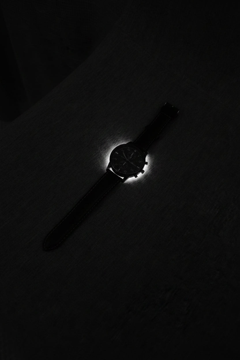 Chrono Noir Pilot Watch – Stealth Black Leather Strap