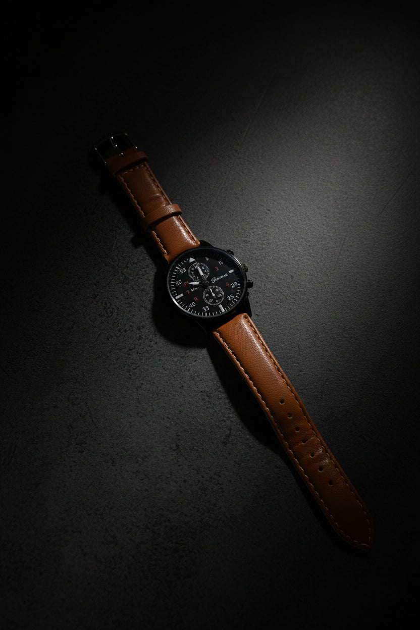 Saddle Field Pilot Watch – Black Dial Tan Leather Strap