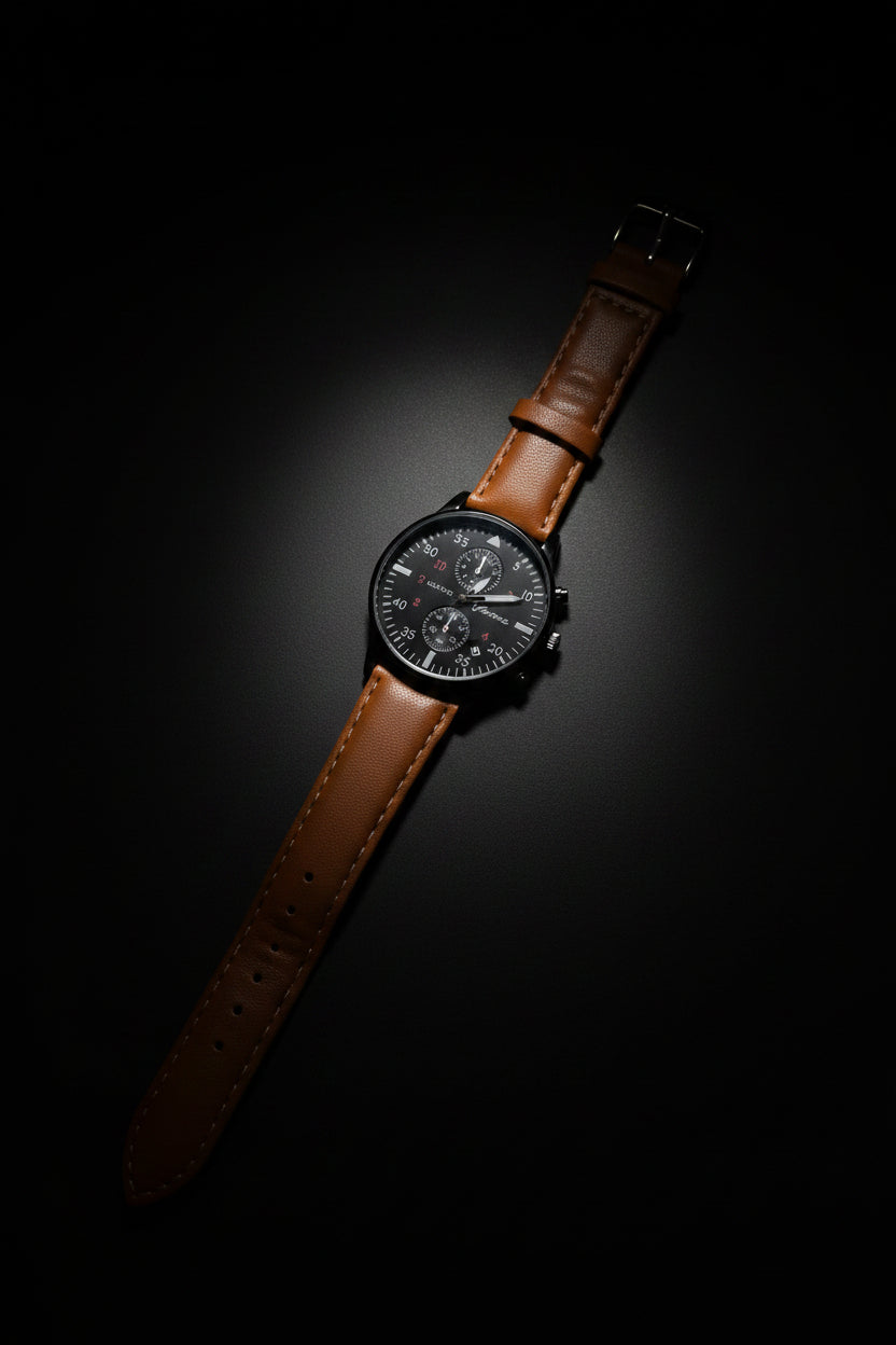 Saddle Field Pilot Watch – Black Dial Tan Leather Strap